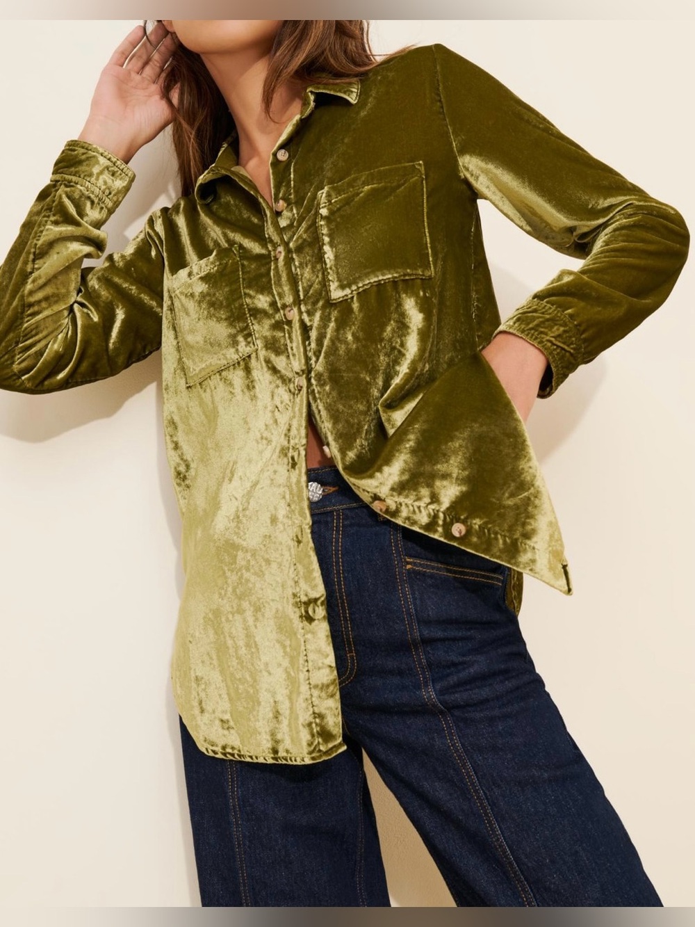 Pilcro Olive Green Velvet Button-Down Shirt - Size S